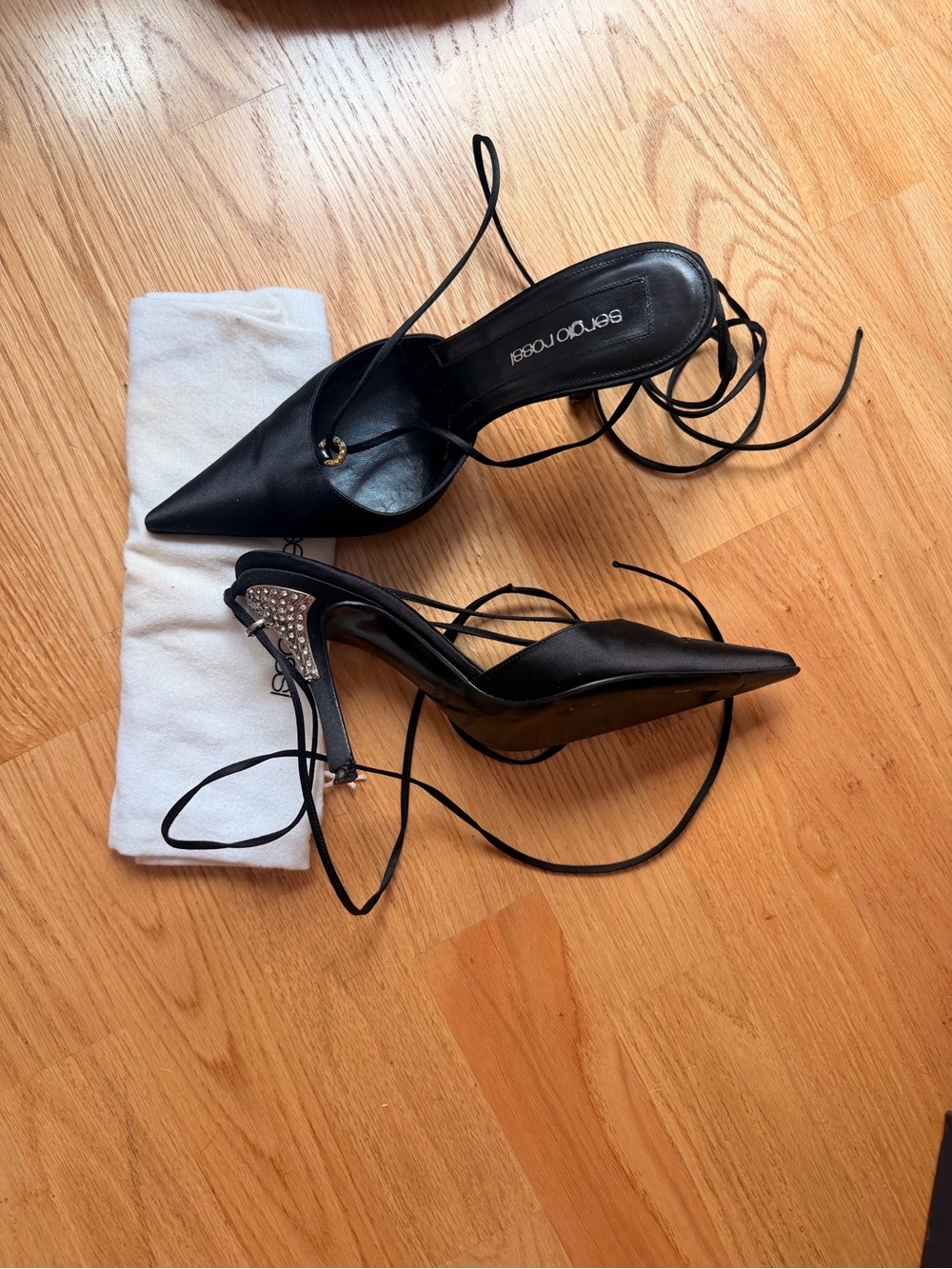 Sergio Rossi Black Pointed Lace-Up Heels with Crystal Accents